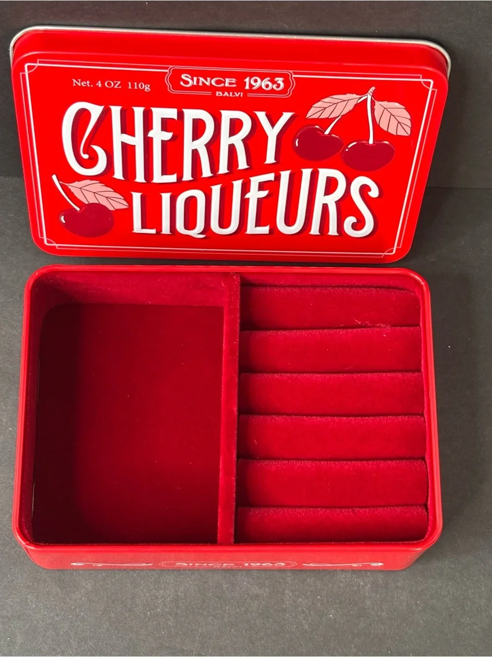 Anthropologie x Balvi Cherry Liqueur Jewelry Box Retro Candy Tin Style Velvet